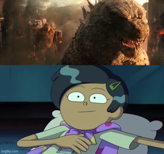 Marcy Wu watching Godzilla and Kong parting ways | image tagged in godzilla,king kong,marcy wu,godzilla vs kong,amphibia,movie | made w/ Imgflip meme maker