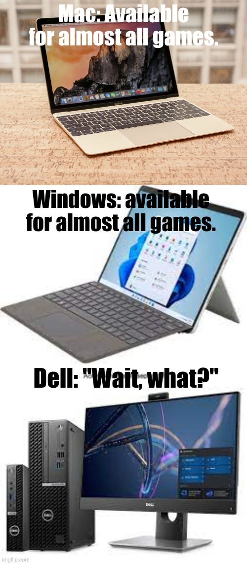 Computers... | Mac: Available for almost all games. Windows: available for almost all games. Dell: "Wait, what?" | image tagged in dell,apple,memes,windows | made w/ Imgflip meme maker