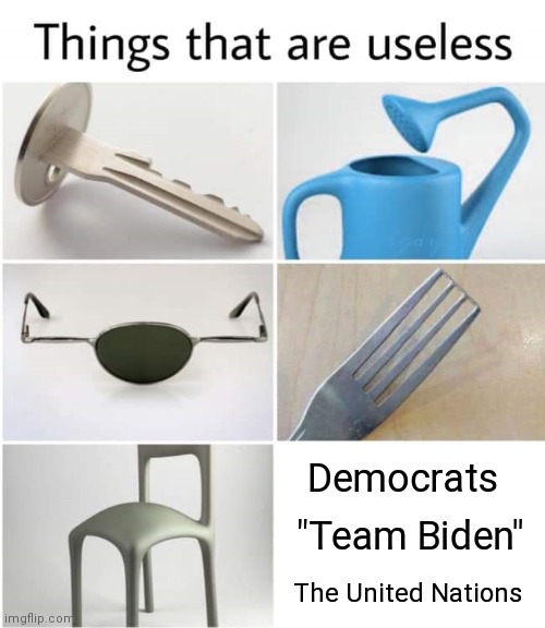 Things that are useless | Democrats; "Team Biden"; The United Nations | image tagged in things that are useless,memes,democrats,team biden,united nations | made w/ Imgflip meme maker