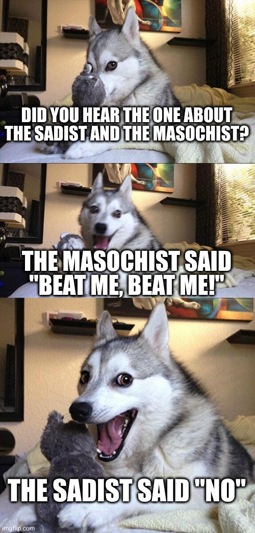 Bad Pun Dog | DID YOU HEAR THE ONE ABOUT THE SADIST AND THE MASOCHIST? THE MASOCHIST SAID "BEAT ME, BEAT ME!"; THE SADIST SAID "NO" | image tagged in memes,bad pun dog | made w/ Imgflip meme maker