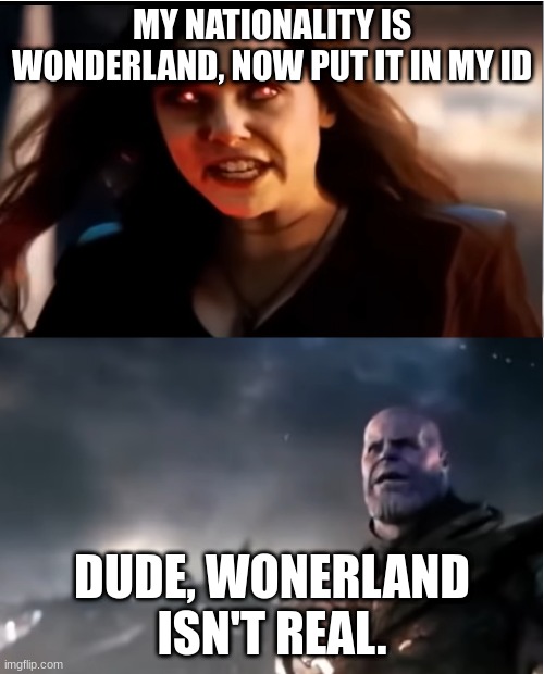 yes | MY NATIONALITY IS WONDERLAND, NOW PUT IT IN MY ID; DUDE, WONERLAND ISN'T REAL. | image tagged in thanos i don't even know who you are | made w/ Imgflip meme maker