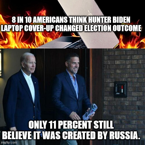 Yup...  stolen election.... | 8 IN 10 AMERICANS THINK HUNTER BIDEN LAPTOP COVER-UP CHANGED ELECTION OUTCOME; ONLY 11 PERCENT STILL BELIEVE IT WAS CREATED BY RUSSIA. | image tagged in stolen,election | made w/ Imgflip meme maker