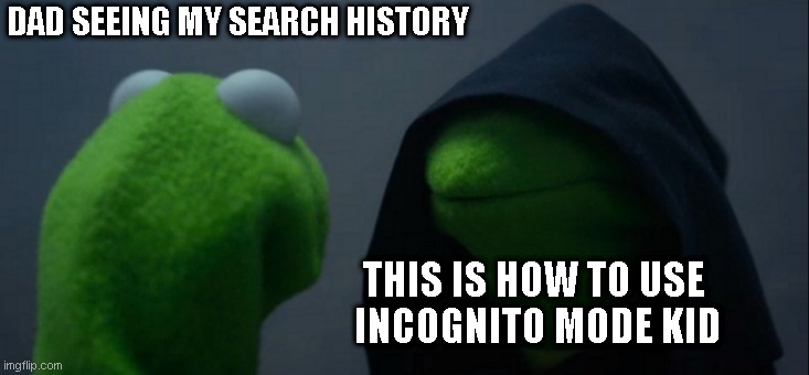 incognito mode | DAD SEEING MY SEARCH HISTORY; THIS IS HOW TO USE
 INCOGNITO MODE KID | image tagged in memes,evil kermit | made w/ Imgflip meme maker