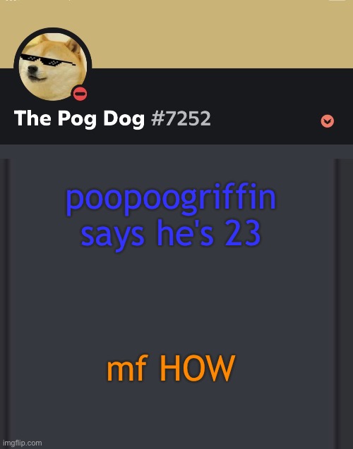 epic doggos epic discord temp | poopoogriffin says he's 23; mf HOW | image tagged in epic doggos epic discord temp | made w/ Imgflip meme maker