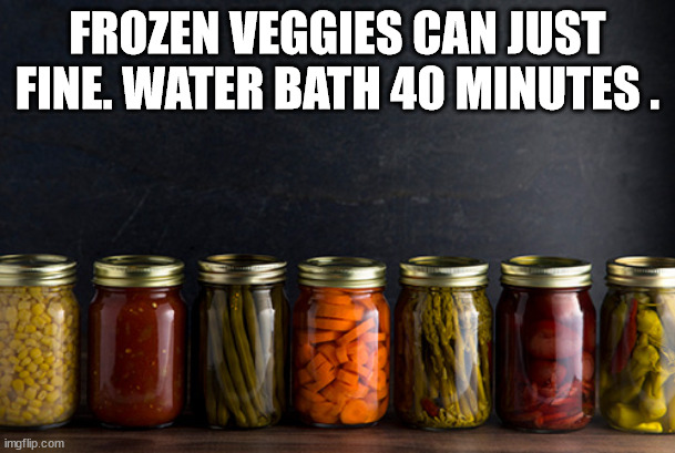 Homesteading | FROZEN VEGGIES CAN JUST FINE. WATER BATH 40 MINUTES . | image tagged in homesteading | made w/ Imgflip meme maker
