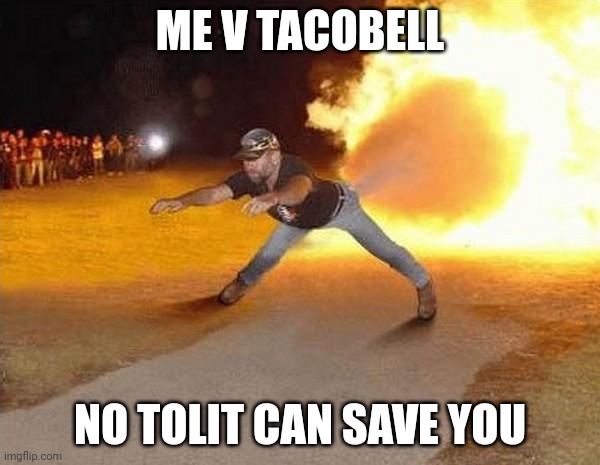fire fart |  ME V TACOBELL; NO TOLIT CAN SAVE YOU | image tagged in fire fart | made w/ Imgflip meme maker