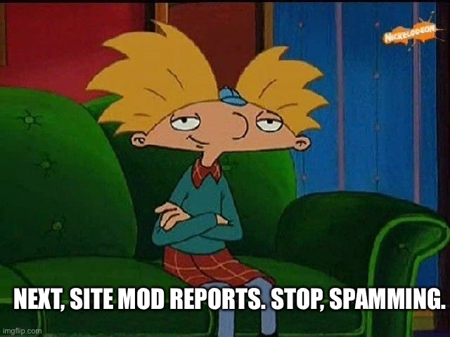 Spammers be reported. | NEXT, SITE MOD REPORTS. STOP, SPAMMING. | image tagged in blue s template | made w/ Imgflip meme maker