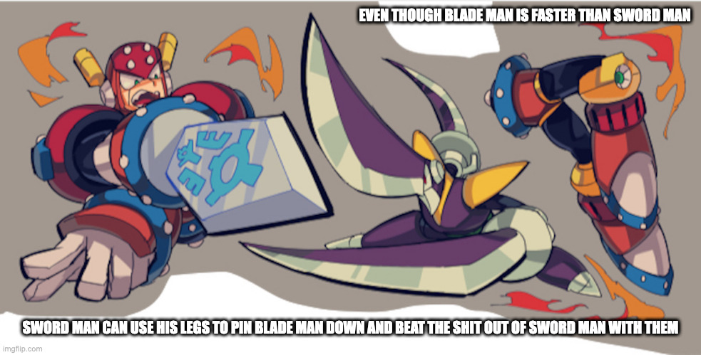 Blade Man and Sword Man | EVEN THOUGH BLADE MAN IS FASTER THAN SWORD MAN; SWORD MAN CAN USE HIS LEGS TO PIN BLADE MAN DOWN AND BEAT THE SHIT OUT OF SWORD MAN WITH THEM | image tagged in blademan,swordman,megaman,memes | made w/ Imgflip meme maker