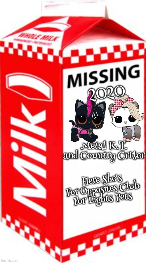 Missing Metal K.T. and Country Critter |  2020; Metal K.T. and Country Critter; Here She's For Opposites Club For Lights Pets | image tagged in missing,lol pet,lights pets | made w/ Imgflip meme maker