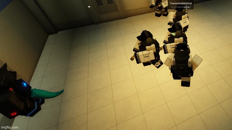 5 security guards chasing a protogen with batons | made w/ Imgflip meme maker