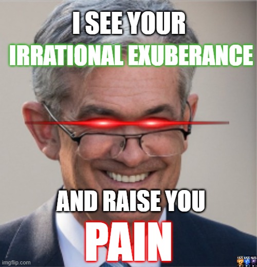 pain time | IRRATIONAL EXUBERANCE; I SEE YOUR; AND RAISE YOU; PAIN | image tagged in jerome powell | made w/ Imgflip meme maker