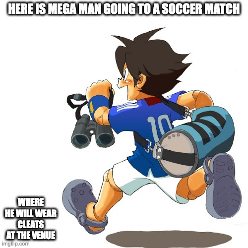 Mega Man With Crocks | HERE IS MEGA MAN GOING TO A SOCCER MATCH; WHERE HE WILL WEAR CLEATS AT THE VENUE | image tagged in megaman,memes | made w/ Imgflip meme maker