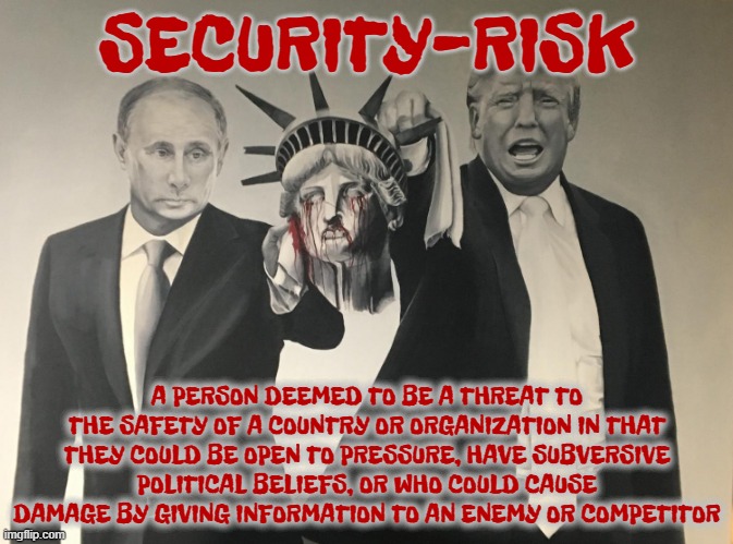 SECURITY-RISK | SECURITY-RISK; A PERSON DEEMED TO BE A THREAT TO THE SAFETY OF A COUNTRY OR ORGANIZATION IN THAT THEY COULD BE OPEN TO PRESSURE, HAVE SUBVERSIVE POLITICAL BELIEFS, OR WHO COULD CAUSE DAMAGE BY GIVING INFORMATION TO AN ENEMY OR COMPETITOR | image tagged in security-risk,threat,information,damage,treason,spy | made w/ Imgflip meme maker