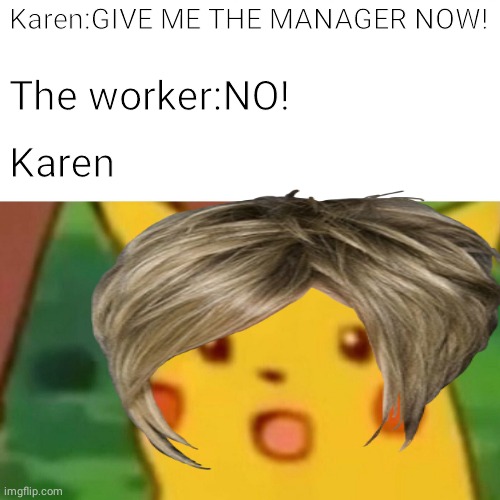 How did this not work?! | Karen:GIVE ME THE MANAGER NOW! The worker:NO! Karen | image tagged in funny memes | made w/ Imgflip meme maker