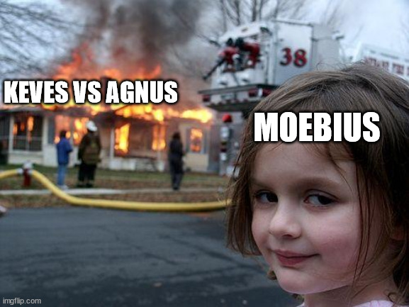 Watching the world burn (JRPG edition) | MOEBIUS; KEVES VS AGNUS | image tagged in memes,disaster girl | made w/ Imgflip meme maker