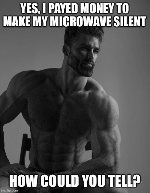 No joke I did this | YES, I PAYED MONEY TO MAKE MY MICROWAVE SILENT; HOW COULD YOU TELL? | image tagged in giga chad | made w/ Imgflip meme maker