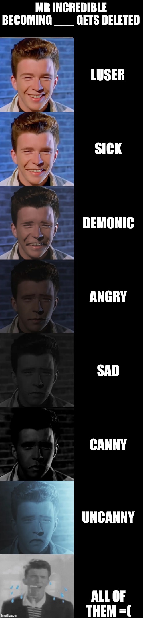 Rick Astley Becoming Sad True Form | MR INCREDIBLE BECOMING ___ GETS DELETED; LUSER; SICK; DEMONIC; ANGRY; SAD; CANNY; UNCANNY; ALL OF THEM =( | image tagged in rick astley becoming sad true form | made w/ Imgflip meme maker