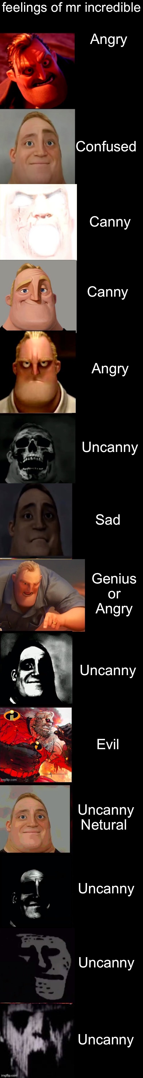 Mr incredible becoming random 14 phases | feelings of mr incredible; Angry; Confused; Canny; Canny; Angry; Uncanny; Sad; Genius or Angry; Uncanny; Evil; Uncanny Netural; Uncanny; Uncanny; Uncanny | image tagged in mr incredible becoming random 14 phases | made w/ Imgflip meme maker