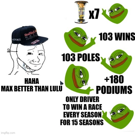 Delusional max fans | HAHA MAX BETTER THAN LULU | image tagged in max verstappen,lewis hamilton,f1,formula1 | made w/ Imgflip meme maker