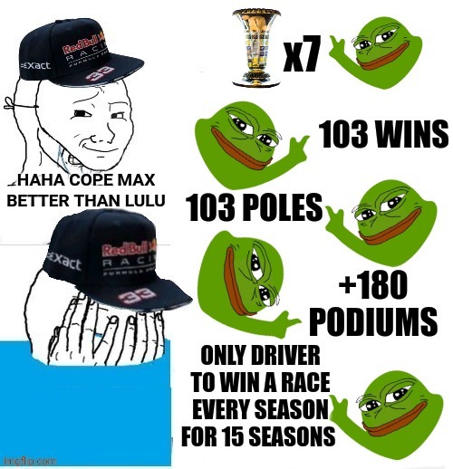 Delusional max fans 2 | HAHA COPE MAX BETTER THAN LULU | image tagged in lewis hamilton,max verstappen,f1,formula 1,motorsports,redbull | made w/ Imgflip meme maker