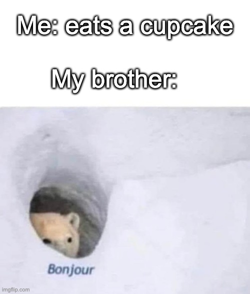 Where are you going with that cupcake? | Me: eats a cupcake; My brother: | image tagged in bonjour,memes,funny,brother | made w/ Imgflip meme maker