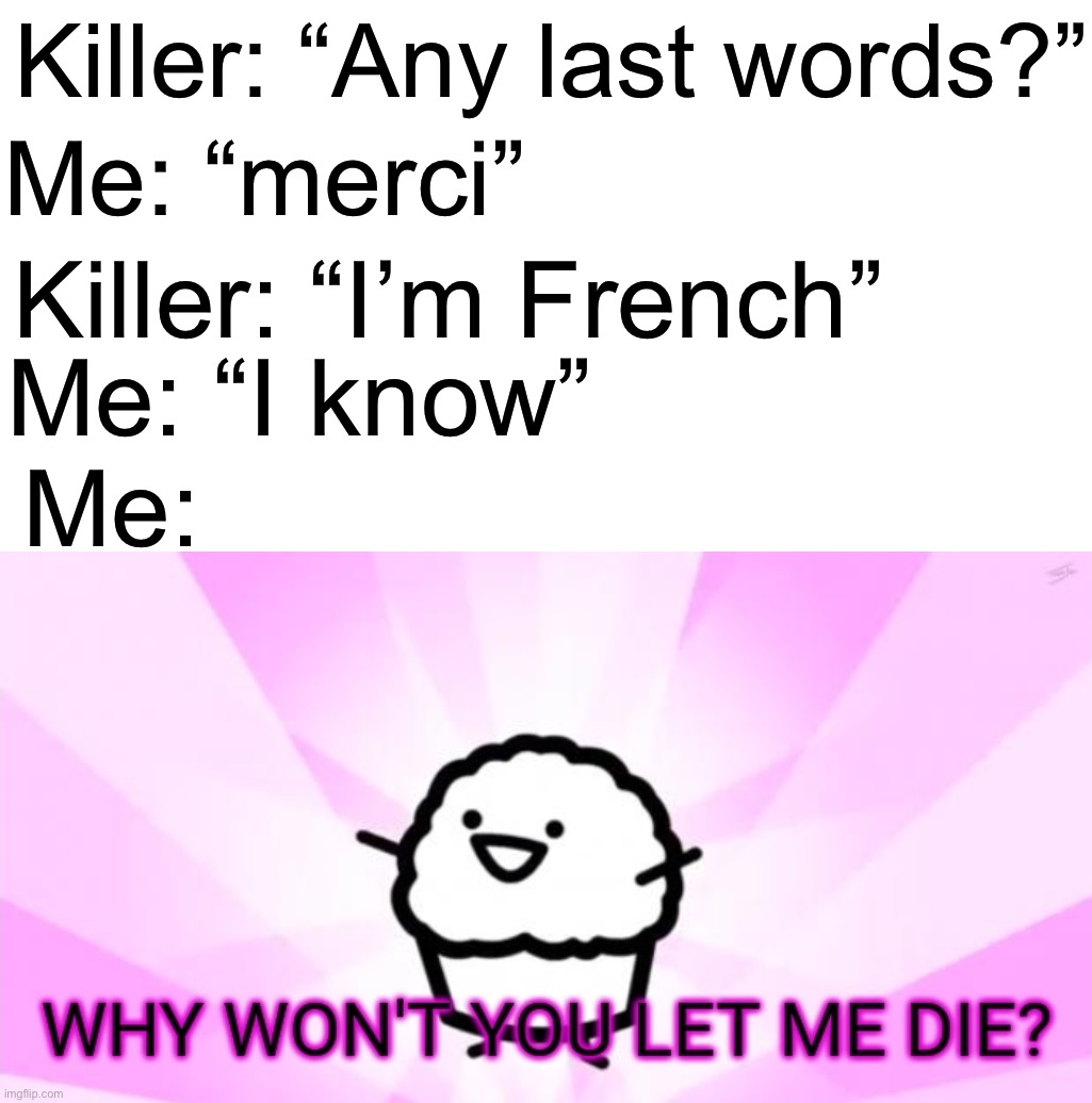 Yes | Killer: “Any last words?”; Me: “merci”; Killer: “I’m French”; Me: “I know”; Me: | image tagged in why won't you let me die,memes,funny,true story,sad,school | made w/ Imgflip meme maker