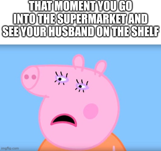 Wait a minute...... | THAT MOMENT YOU GO INTO THE SUPERMARKET AND SEE YOUR HUSBAND ON THE SHELF | image tagged in blank white template,mommy pig | made w/ Imgflip meme maker