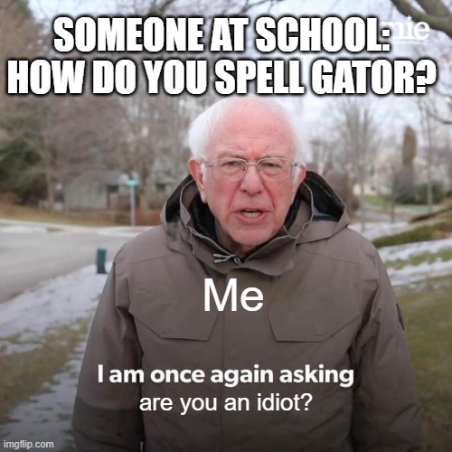 Bernie I Am Once Again Asking For Your Support | SOMEONE AT SCHOOL: HOW DO YOU SPELL GATOR? Me; are you an idiot? | image tagged in memes,bernie i am once again asking for your support | made w/ Imgflip meme maker