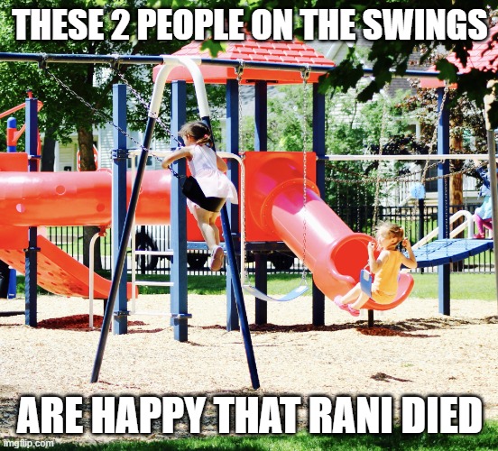 Playground | THESE 2 PEOPLE ON THE SWINGS; ARE HAPPY THAT RANI DIED | image tagged in playground | made w/ Imgflip meme maker