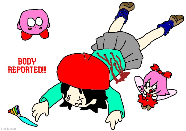 Adeleine has bullet holes and dies | image tagged in kirby,adeleine,ribbon,gore,death,funny | made w/ Imgflip meme maker
