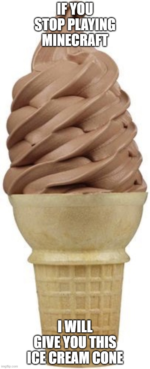 Chocolate ice cream cone | IF YOU STOP PLAYING MINECRAFT; I WILL GIVE YOU THIS ICE CREAM CONE | image tagged in chocolate ice cream cone,memes,president_joe_biden,ice cream,ice cream cone,minecraft | made w/ Imgflip meme maker
