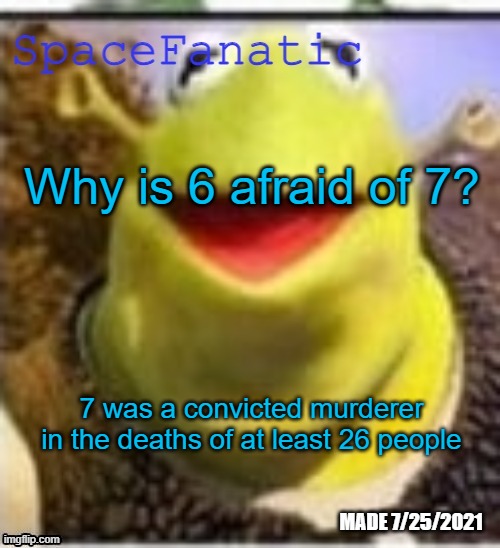Ye Olde Announcements | Why is 6 afraid of 7? 7 was a convicted murderer in the deaths of at least 26 people | image tagged in spacefanatic announcement temp | made w/ Imgflip meme maker