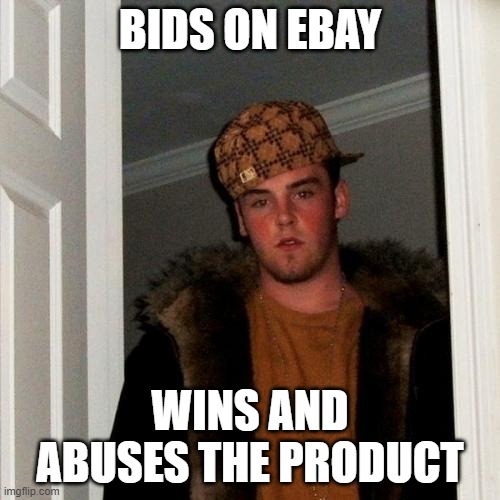 bruh | BIDS ON EBAY; WINS AND ABUSES THE PRODUCT | image tagged in memes,scumbag steve | made w/ Imgflip meme maker