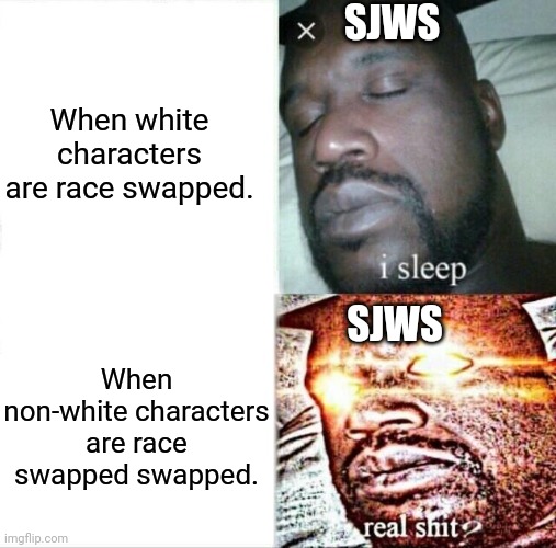 Sleeping Shaq Meme | SJWS; When white characters are race swapped. SJWS; When non-white characters are race swapped swapped. | image tagged in memes,sleeping shaq | made w/ Imgflip meme maker