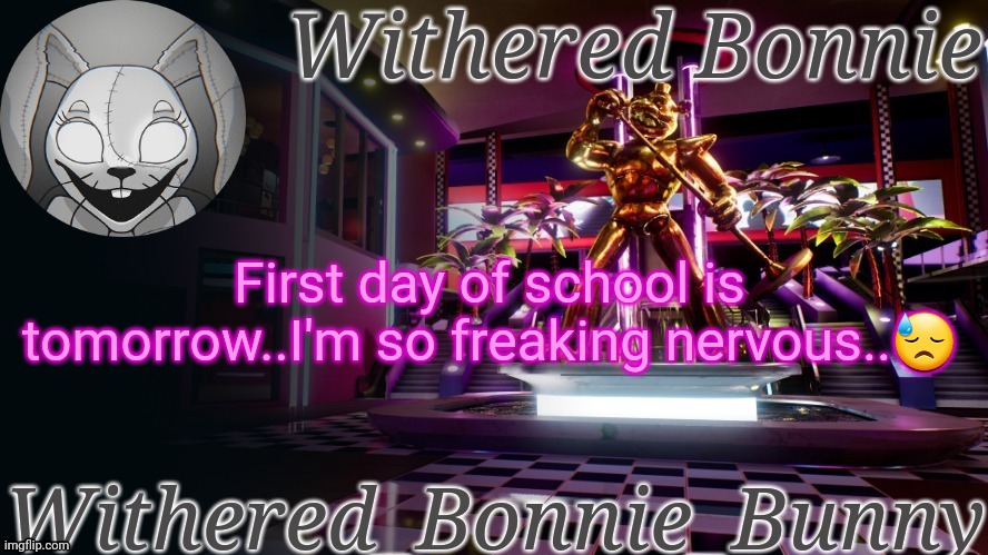 Some words to boost my confidence pls? :< | First day of school is tomorrow..I'm so freaking nervous..😓 | image tagged in withered_bonnie_bunny's security breach temp | made w/ Imgflip meme maker