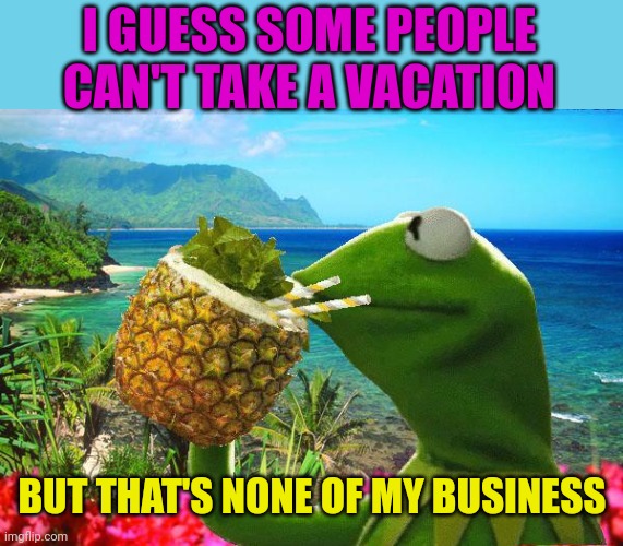 vacation kermit | I GUESS SOME PEOPLE CAN'T TAKE A VACATION BUT THAT'S NONE OF MY BUSINESS | image tagged in vacation kermit | made w/ Imgflip meme maker