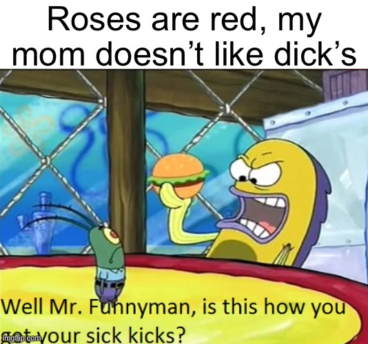 Is this how you get your sick kicks? | Roses are red, my mom doesn’t like dick’s | image tagged in is this how you get your sick kicks | made w/ Imgflip meme maker