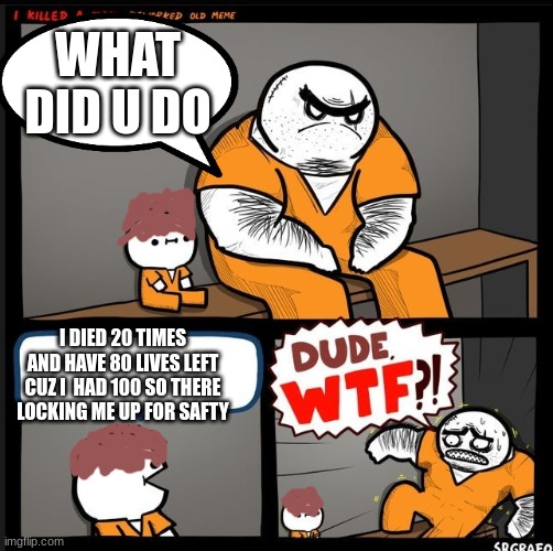 true story | WHAT DID U DO; I DIED 20 TIMES AND HAVE 80 LIVES LEFT CUZ I  HAD 100 SO THERE LOCKING ME UP FOR SAFTY | image tagged in srgrafo dude wtf | made w/ Imgflip meme maker