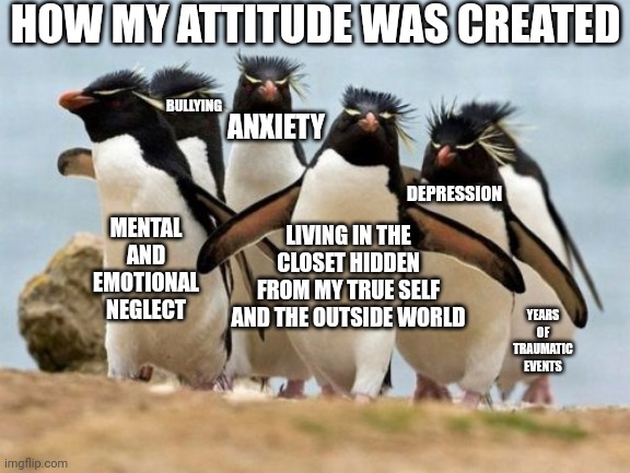 My parents: you have a happy and an amazing life 
Also my life: | HOW MY ATTITUDE WAS CREATED; BULLYING; ANXIETY; DEPRESSION; LIVING IN THE CLOSET HIDDEN FROM MY TRUE SELF AND THE OUTSIDE WORLD; MENTAL AND EMOTIONAL NEGLECT; YEARS OF TRAUMATIC EVENTS | made w/ Imgflip meme maker