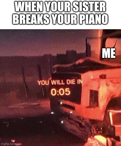 You will die in 0:05 | WHEN YOUR SISTER BREAKS YOUR PIANO; ME | image tagged in you will die in 0 05,sister rage | made w/ Imgflip meme maker