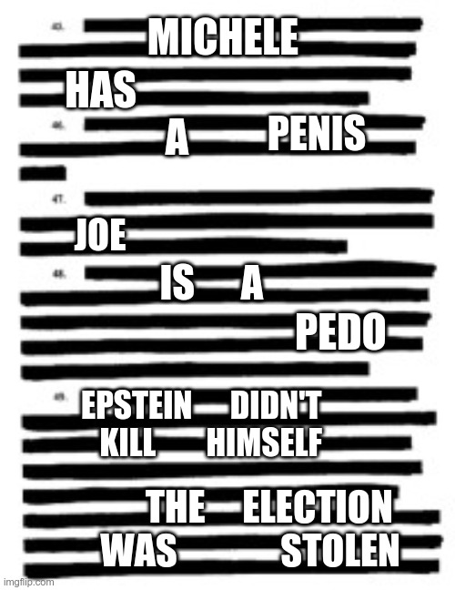 You know it's true | MICHELE; HAS                    A; PENIS; JOE; IS      A; PEDO; EPSTEIN      DIDN'T    KILL        HIMSELF; THE     ELECTION  WAS              STOLEN | image tagged in redacted | made w/ Imgflip meme maker