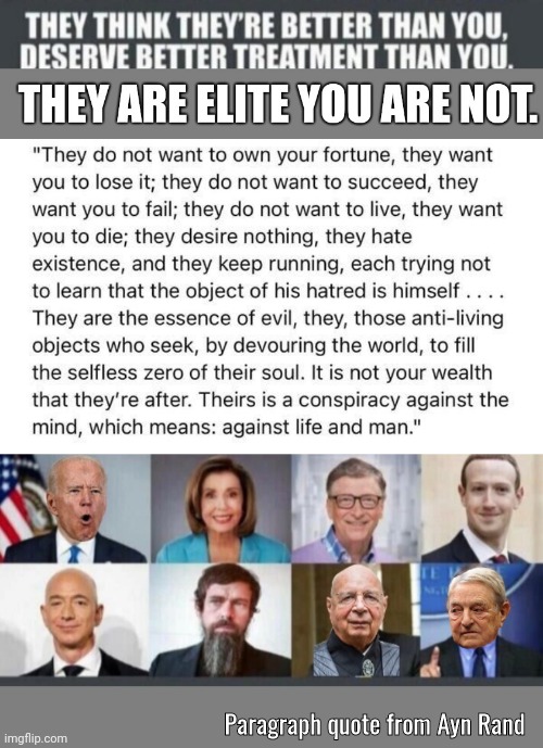 Elites hate you |  Paragraph quote from Ayn Rand | image tagged in blank grey | made w/ Imgflip meme maker