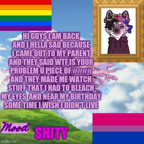 i am sad | HI GUYS I AM BACK AND I HELLA SAD BECAUSE I CAME OUT TO MY PARENT AND THEY SAID WTF IS YOUR PROBLEM U PIECE OF #### AND THEY MADE ME WATCH STUFF THAT I HAD TO BLEACH MY EYES  AND NEAR MY BIRTHDAY SOME TIME I WISH I DIDN'T LIVE; SHITY | made w/ Imgflip meme maker