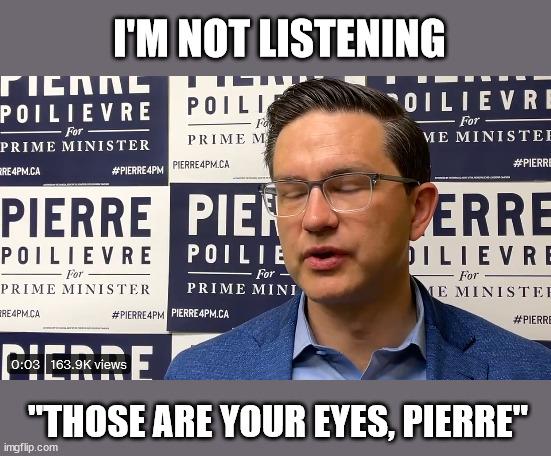Pierre Poilievre | I'M NOT LISTENING; "THOSE ARE YOUR EYES, PIERRE" | image tagged in pierre poilievre,conspiracy | made w/ Imgflip meme maker