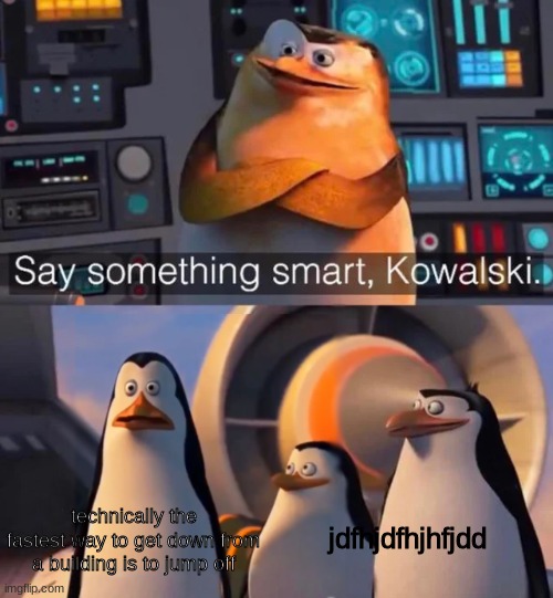 oof sound effect | technically the fastest way to get down from a building is to jump off; jdfhjdfhjhfjdd | image tagged in say something smart kowalski | made w/ Imgflip meme maker