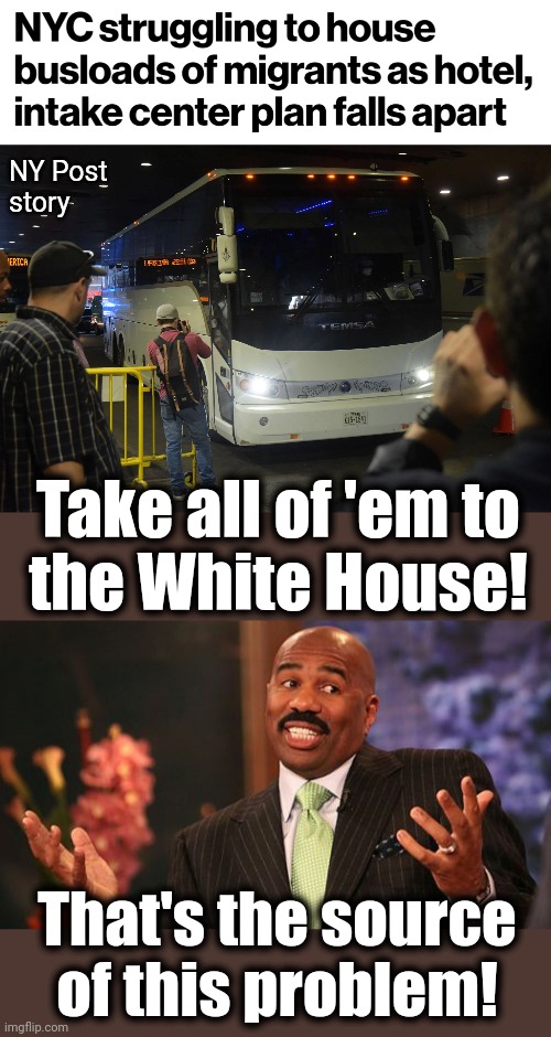 Only when democrats directly experience the border disaster do they understand how bad it is | NY Post
story; Take all of 'em to
the White House! That's the source of this problem! | image tagged in memes,steve harvey,new york city,migrants,buses,democrats | made w/ Imgflip meme maker