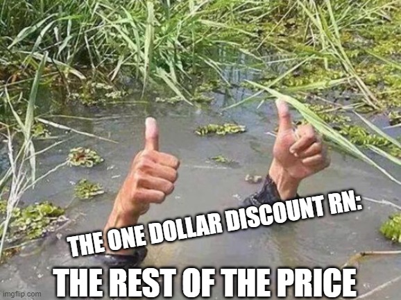 Discount versus price | THE ONE DOLLAR DISCOUNT RN:; THE REST OF THE PRICE | image tagged in flood no worries | made w/ Imgflip meme maker