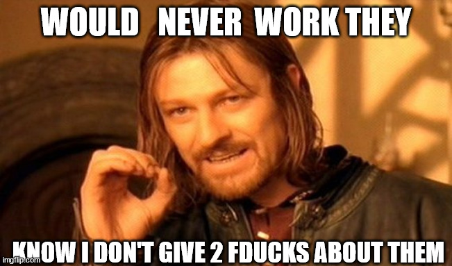 One Does Not Simply Meme | WOULD   NEVER  WORK THEY KNOW I DON'T GIVE 2 FDUCKS ABOUT THEM | image tagged in memes,one does not simply | made w/ Imgflip meme maker