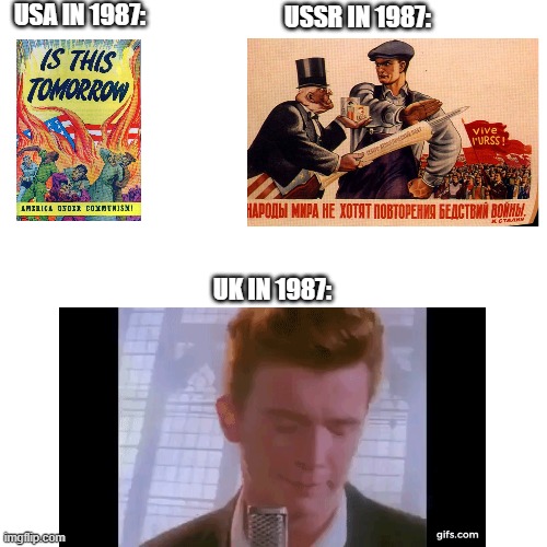 1987 | USA IN 1987:; USSR IN 1987:; UK IN 1987: | image tagged in memes,funny,political meme,rickroll | made w/ Imgflip meme maker