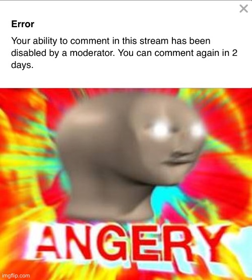 It was a stupid idea to allow mods to ban people from commenting | image tagged in surreal angery | made w/ Imgflip meme maker